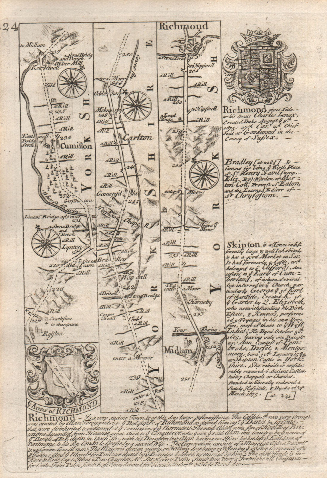 Kettlewell-Middleham-Richmond road strip map by J. OWEN & E. BOWEN 1753